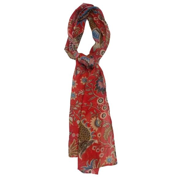 Red Brown Floral Print Scarf Wrap Pashmina Shawl Western Southwestern Boho - Picture 1 of 9